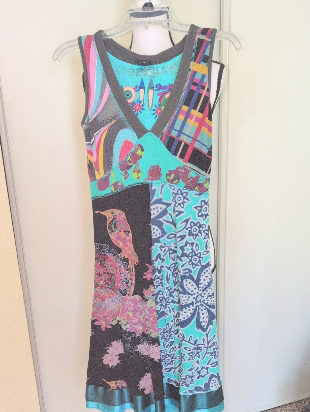 Desigual Sleeveless Patchwork Print Midi Dress in Teal